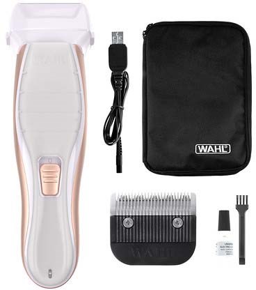 An electric shaver, charger, black case, cleaning brush, small oil, and a cleaning brush holder.