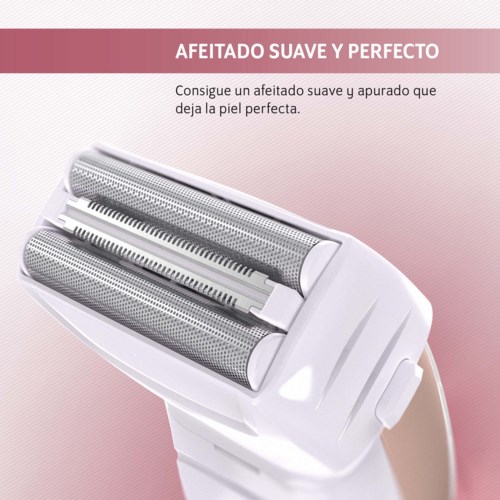 A shaver with three rotary blades for a smooth, close shave. Pink background with Spanish instructions.