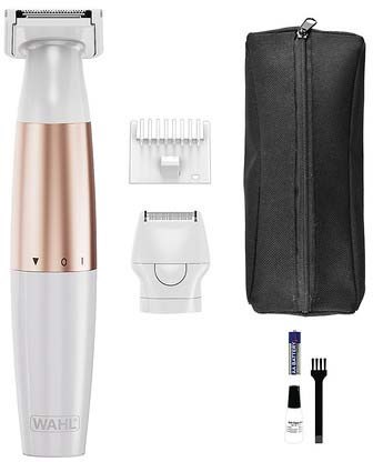 Electric shaver with accessories, black carrying case, and cleaning brush.