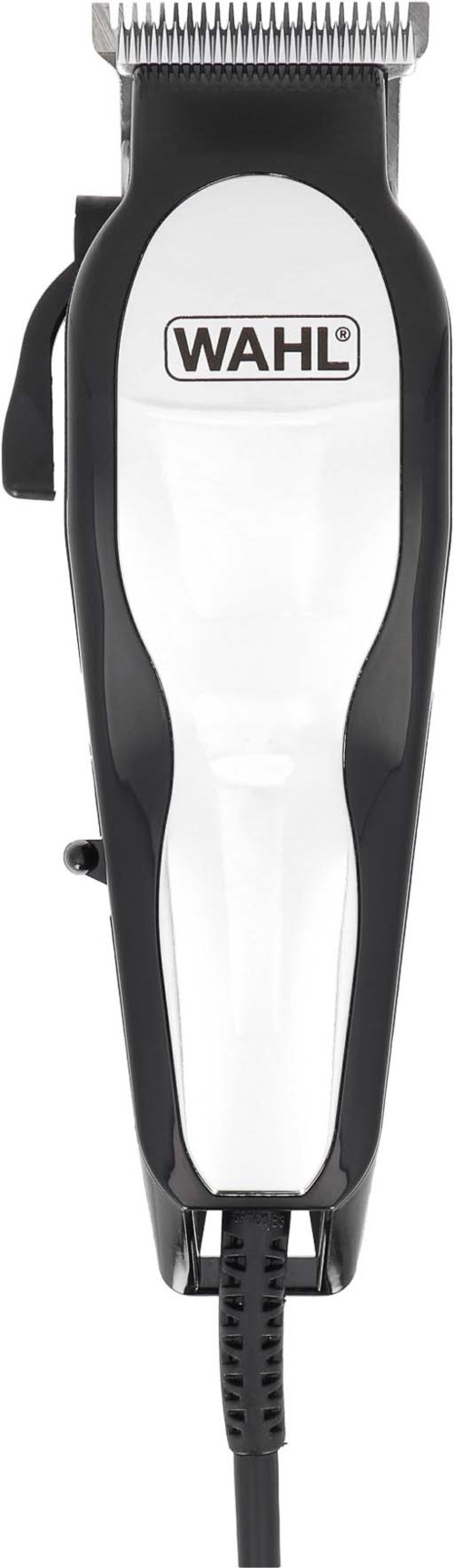 A Wahl electric hair trimmer with a black and white body and a silver cutting blade.