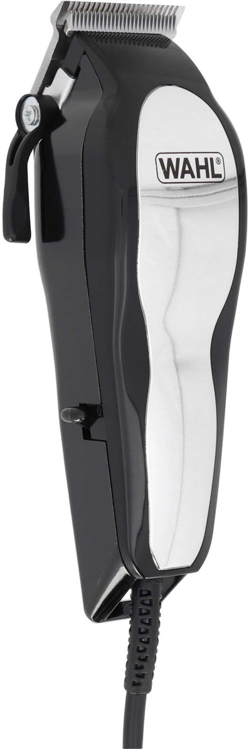 A black and white electric hair trimmer with a power cord and adjustable settings.