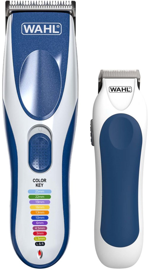 Twee Wahl elektrische tondeuses, één groot blauw en wit, de andere kleiner, ook blauw en wit.