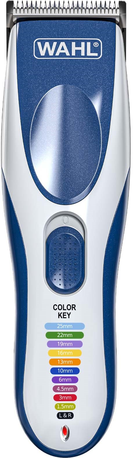 Electric hair trimmer with adjustable length settings and a blue and silver design.