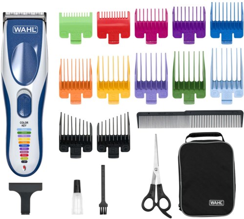 A Wahl trimmer set with colorful guide combs, scissors, a brush, scissors, a small bag, and various accessories.