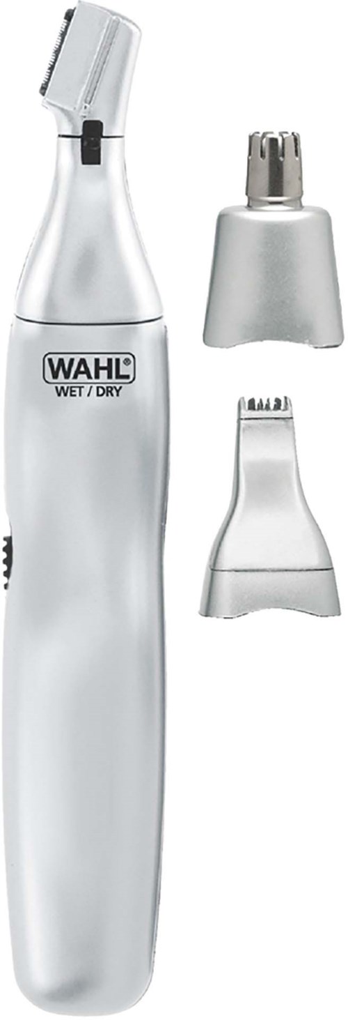 A white Wahl grooming device with interchangeable heads for trimming hair and beards.