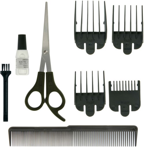 This image shows hair cutting tools including scissors, a comb, trimming guards, oil, and a brush for hair grooming.
