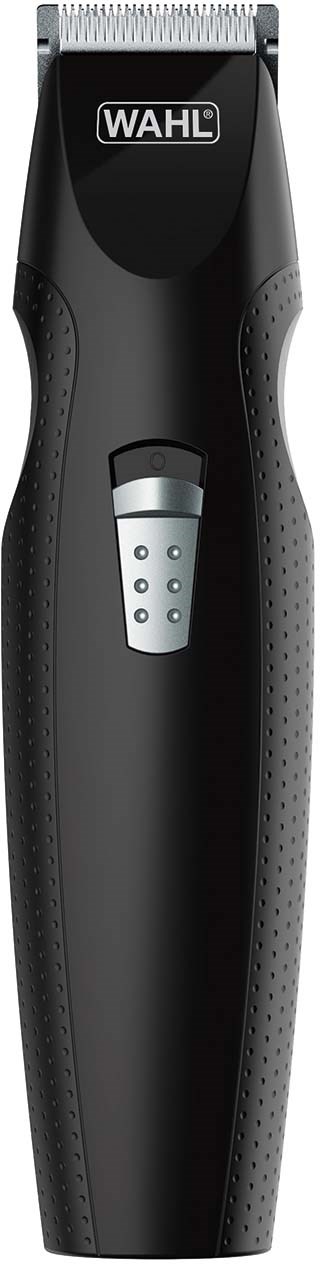A black electric hair trimmer with a silver button and a digital display, branded Wahl.