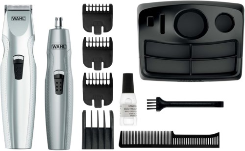 Electric shavers with various attachments and accessories for grooming and trimming hair.