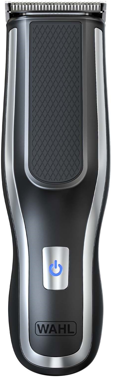 An electric shaver with a black and silver body, a power button, and a textured cutting head.