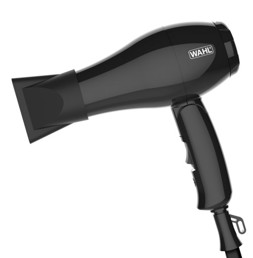 A black handheld hair dryer with a handle and a nozzle, branded with WAHL.
