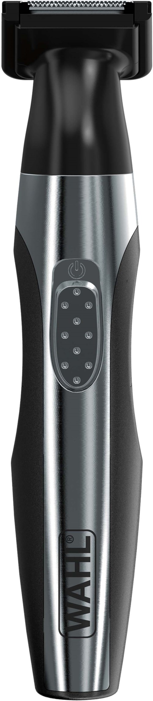 A silver and black electric hair trimmer with a control button and a brand logo, designed for grooming.