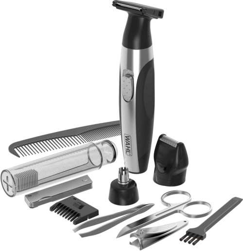 Electrical grooming kit with clipper, scissors, combs, and cleaning tools for hair trimming.