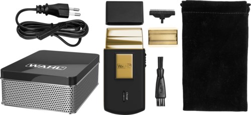 A portable vacuum cleaner with accessories, power cord, small storage bag, and gold-colored filters.