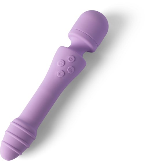 Ein lila Vibrator mit Bedientasten und runder Spitze. Es hat einen glatten Körper und eine etwas breitere Basis.