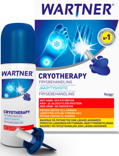 En förpackning av Wartner cryoterapi för att ta bort vårtor på händer och fötter med kylspray och instruktioner.