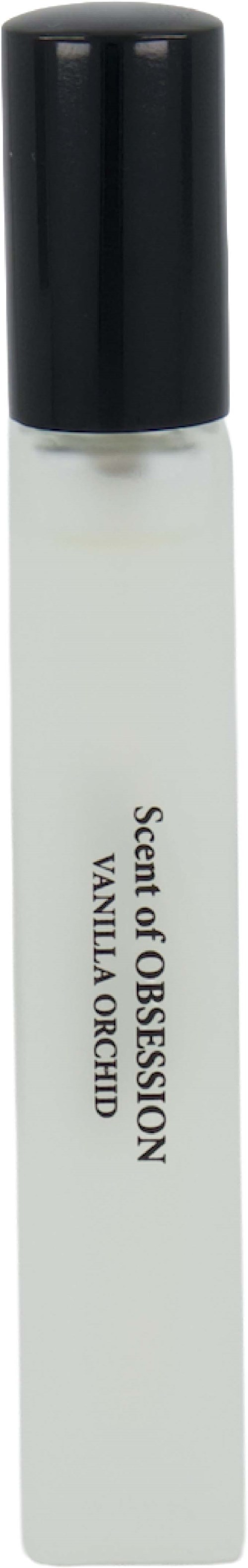 A white rollerball perfume bottle with a black cap, labeled scent of obsession vanilla orchid.