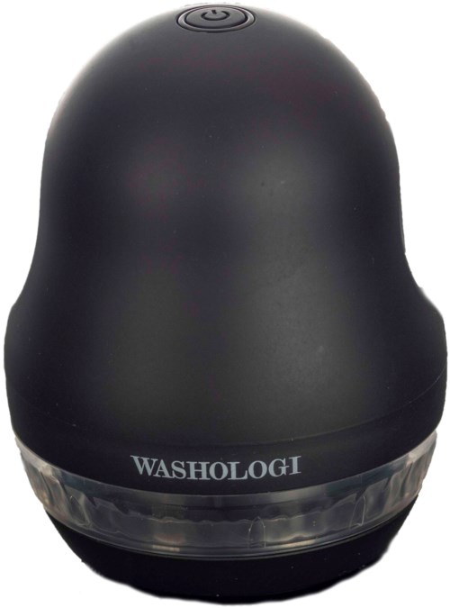 A black, egg-shaped device with a power button on top and the brand name 'WASHOLOGI' below, likely a home appliance.