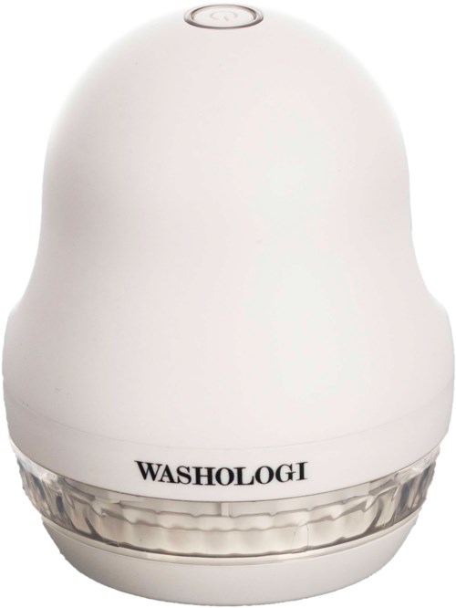 A white, rounded device labeled 'WASHOLOGI' with a clear bottom part, likely a humidifier or air purifier.