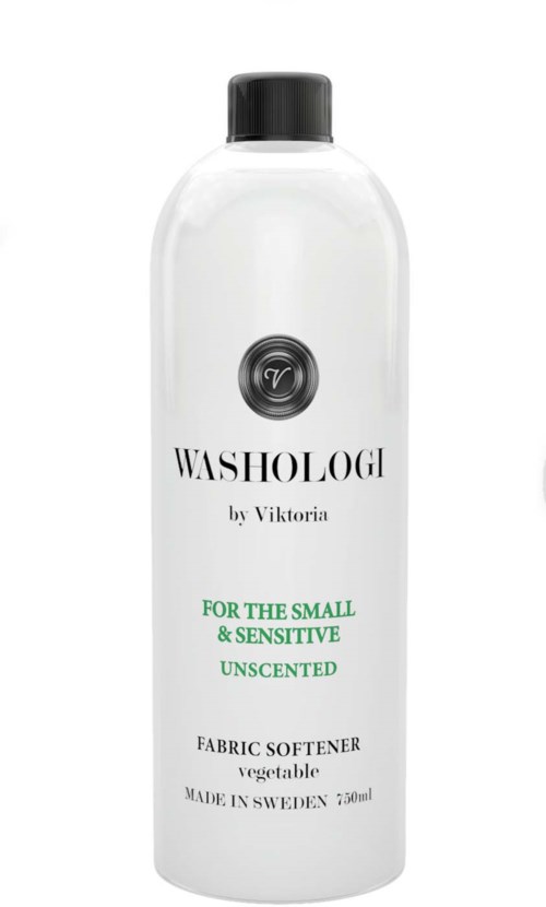 A white bottle with black cap, labeled Washologi by Victoria, for small sensitive fabrics, made in Sweden.