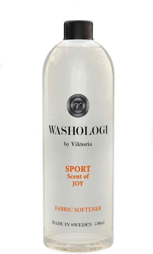 A tall white bottle with a black cap, labeled Washologi sport fabric softener, made in Sweden.