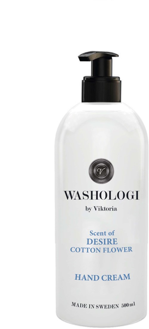 A white bottle of hand cream with black pump, labeled 'Washologi' and 'Scent of Desire Cotton Flower', made in Sweden.