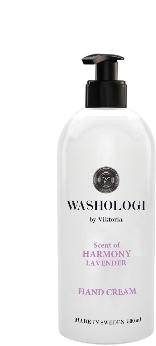 A white hand cream bottle with a black pump and pink text, labeled Washologi, scent of harmony lavender from Sweden.