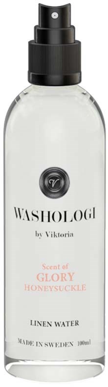 A clear spray bottle labeled 'Washolog by Viktoria' with black spray top, containing linen water with a scent of honey and glory.