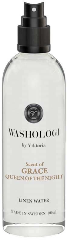 A clear spray bottle labeled 'Washologi' with a black spray top, scent named 'Grace Queen of the Night,' contains linen water.