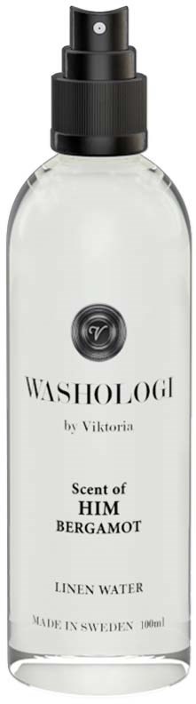 A clear spray bottle labeled 'Washologi by Viktoria' with scent 'HIM Bergamot' and 'Linen Water' from Sweden.