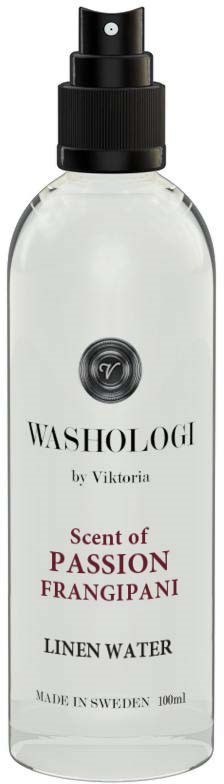 A clear spray bottle labeled Washologi with Passion Frangipani scent, containing 100ml of linen water.