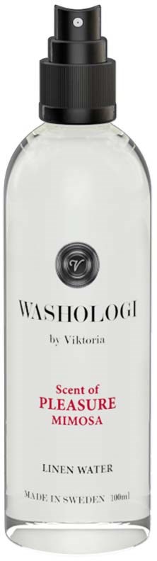 A clear spray bottle labeled Washologi, scent of Pleasure Mimosa, made in Sweden, contains linen water.