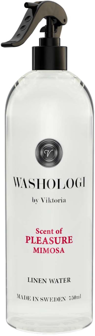 A clear linen water spray bottle with a black trigger, labeled 'Washologi' and 'Scent of Pleasure Mimosa,' made in Sweden.