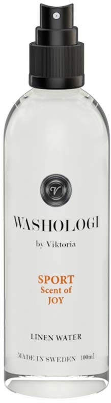 A clear spray bottle labeled Washology Sport, scent of joy, made in Sweden, contains linen water.