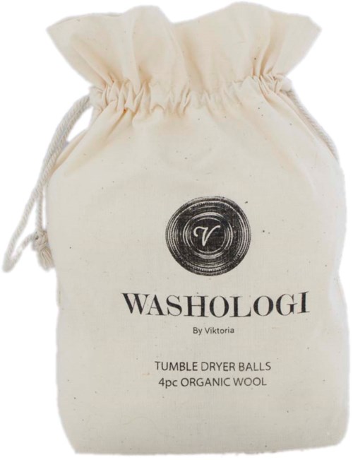 A cloth bag with a logo, containing four organic wool tumble dryer balls. The bag is off-white, drawstring style.
