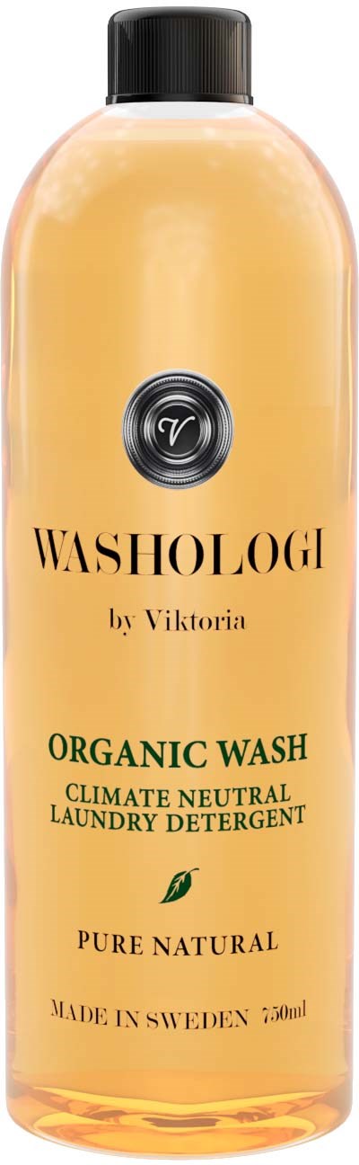 A tall, orange bottle with a black cap, labeled 'Washologi' and 'Organic Wash,' indicating natural, climate-neutral laundry detergent.