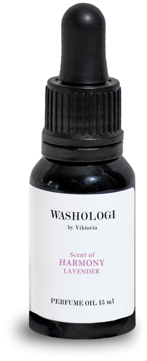 A small black bottle with a dropper, labeled 'WASHOLOGI' and 'Scent of HARMONY LAVENDER', contains perfume oil.