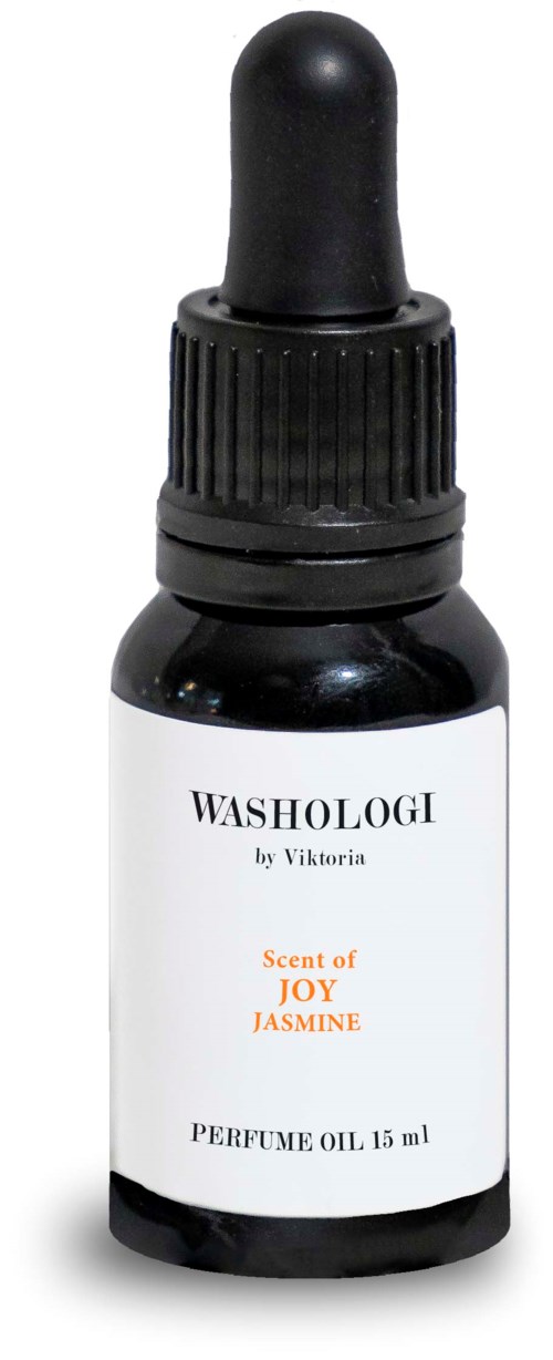 A small black bottle with a dropper cap, labeled "WASHOLOGI" perfume oil, scent of joy jasmine, 15 ml.