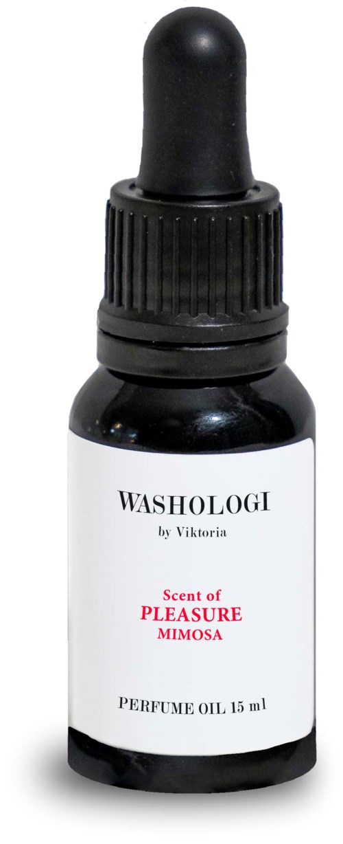 A small black bottle with a dropper, labeled 'Washologi, Scent of Pleasure Mimosa, Perfume Oil, 15 ml.'