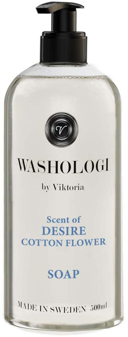 A clear soap bottle with a black pump, labeled as Washologi Desire Cotton Flower soap, made in Sweden, 500ml.