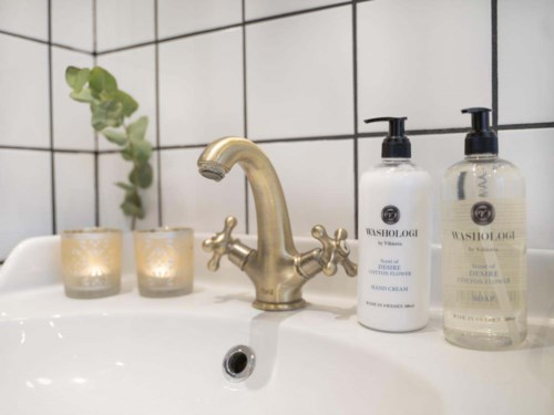 A sink with two candle holders, a plant, and two soap or lotion bottles on a tiled wall.