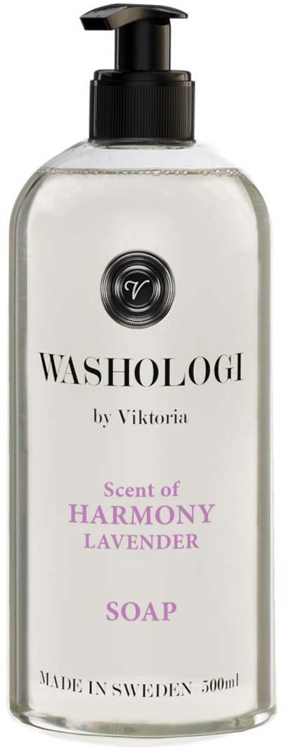 A clear soap bottle with a black pump, labeled Washologi, lavender scent, made in Sweden, 500ml.