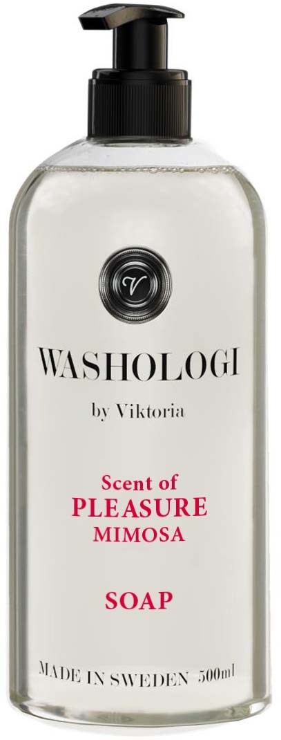 Tydlig tvållflaska märkt Washology med pump, doft 'Pleasure Mimosa', tillverkad i Sverige, 500 ml.