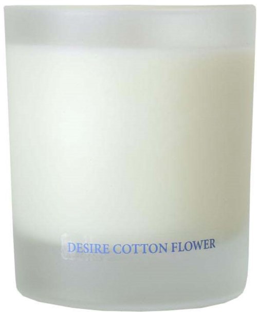 A plain white container with blue text reading 'DESIRE COTTON FLOWER' at the bottom.