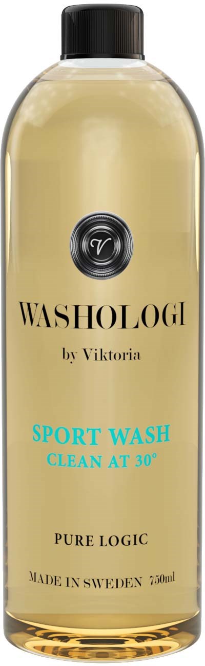 A tall, transparent bottle with a black cap, labeled 'WASHOLOG by Viktoria, Sport Wash, Clean at 30, Pure Logic, Sweden'.