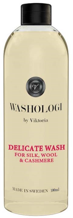 A bottle of Washolgi delicate wash for silk, wool, and cashmere. It is made in Sweden and contains 100ml.
