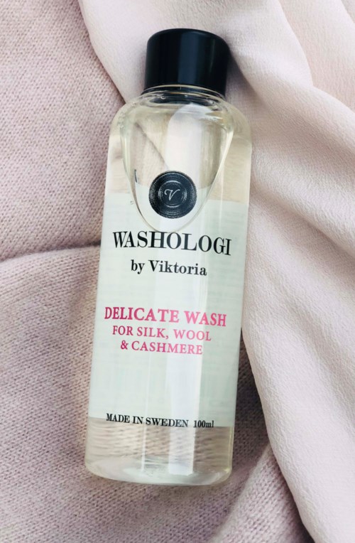 A clear bottle of delicate wash by Viktoria for silk, wool, and cashmere. Made in Sweden, 100ml.