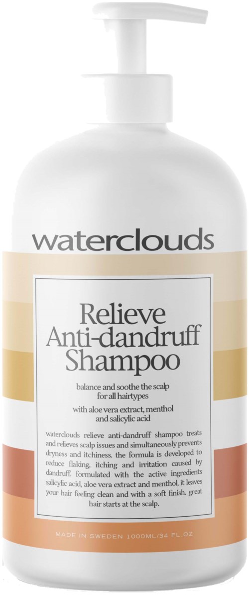 Een witte shampoefles met beige en oranje strepen, met label 'Waterclouds Relief Anti-dandruff Shampoo' en pomp.