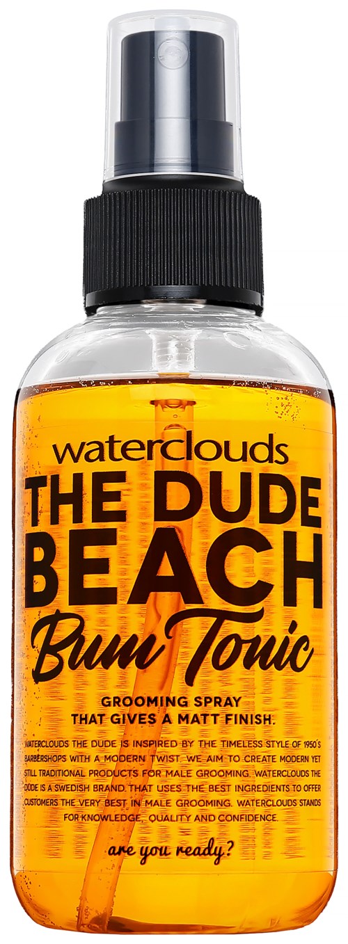 A spray bottle labeled 'Waterclouds The Dude Beach Bum Tonic' for grooming, with orange liquid and black spray nozzle.