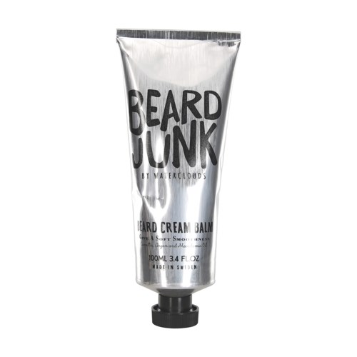 A silver tube of beard cream balm with black text, stating 'Beard Junk' and 'Beard Cream Balm'.