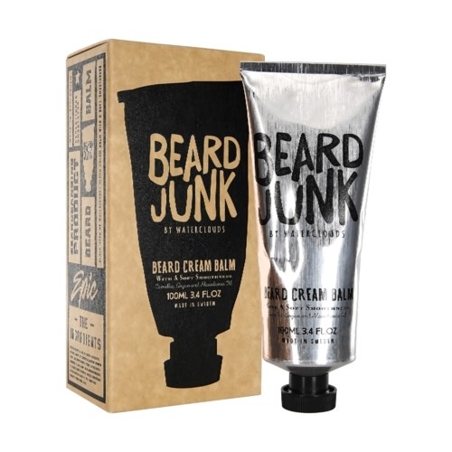 A beard cream balm in a silver tube and a paper box with 'Beard Junk' text and black and beige design.